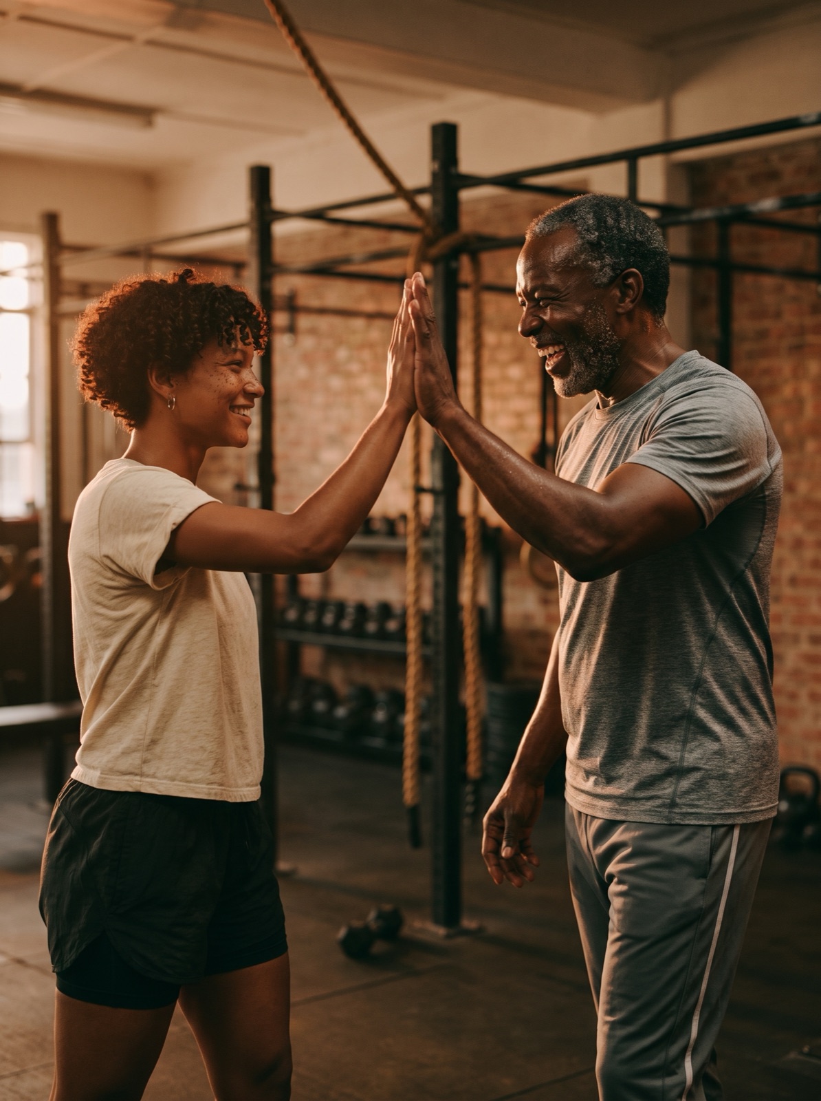 Members high-fiving after a workout