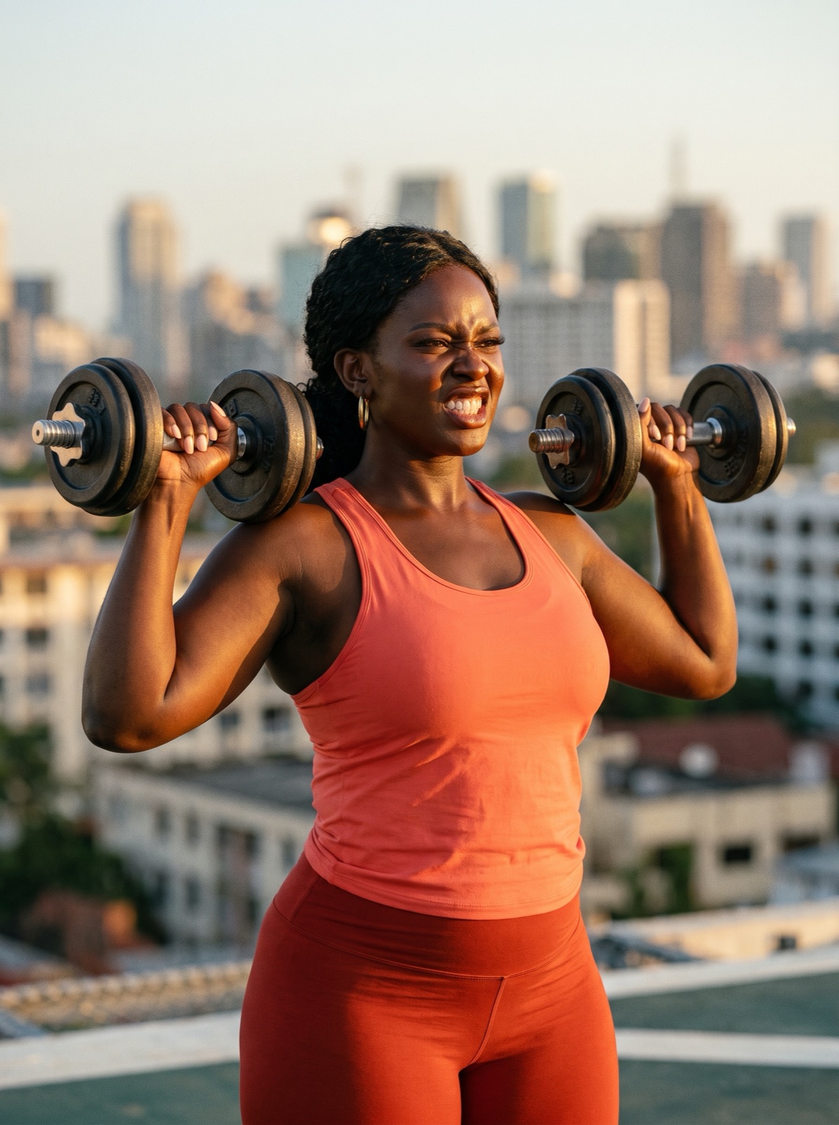 A member pressing dumbbells at golden hour